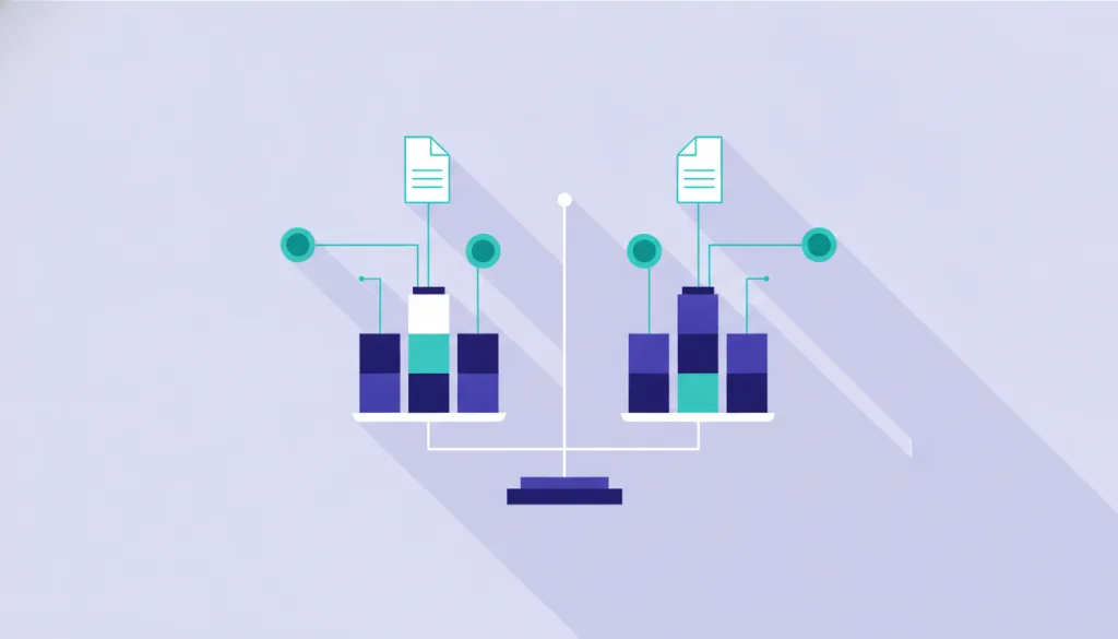 Illustration d'une balance équilibrée entre deux colonnes de blocs représentant l'actif et le passif